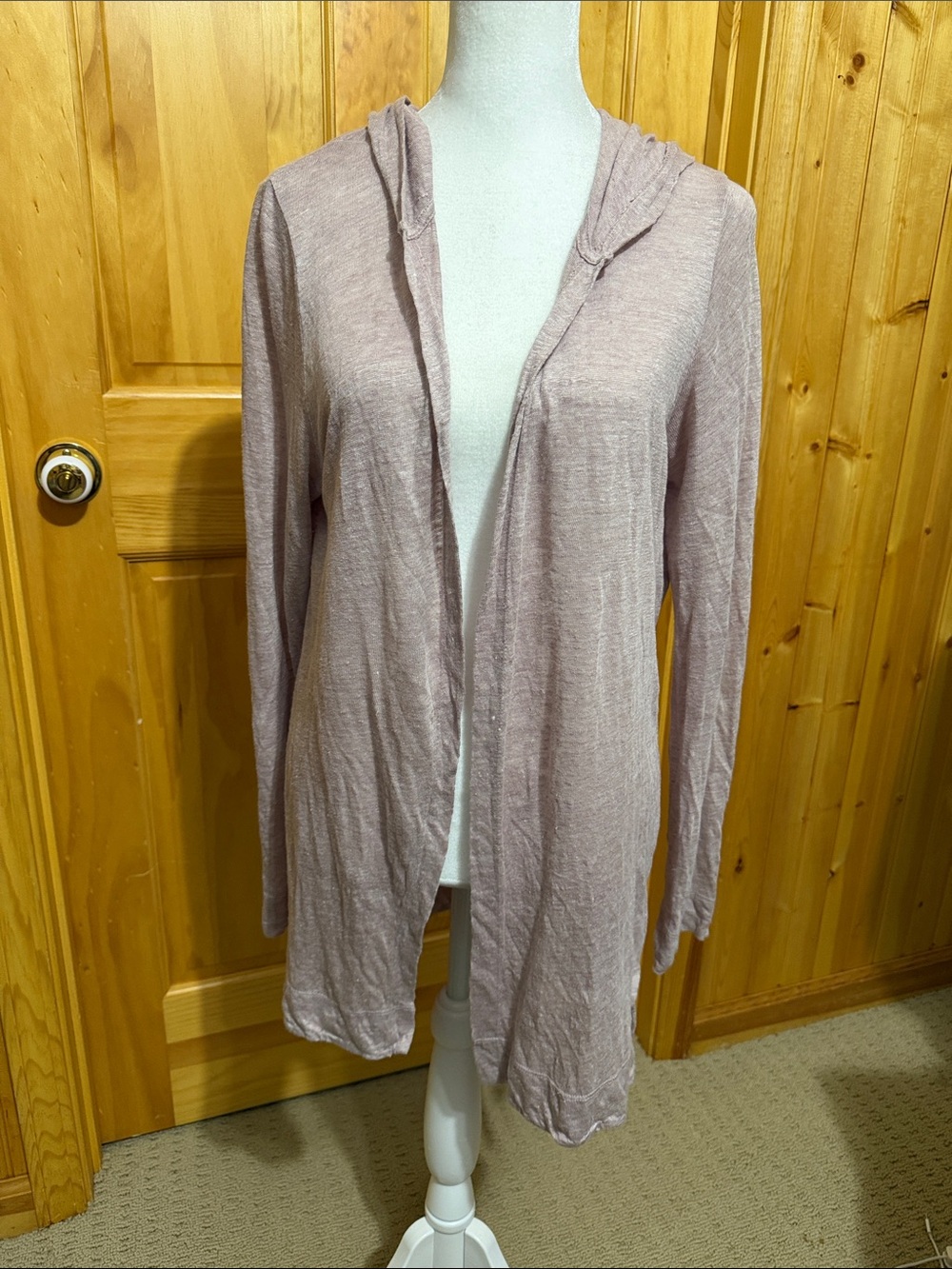 Tahari 100% Linen Hooded Open Front Cardigan, Heathered Dusty Rose Color Medium.